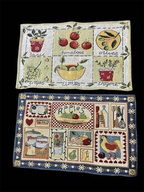 Pair of Woven Placemats Vintage Cottagecore Tapesty Rooster Vegetable Kitchen
